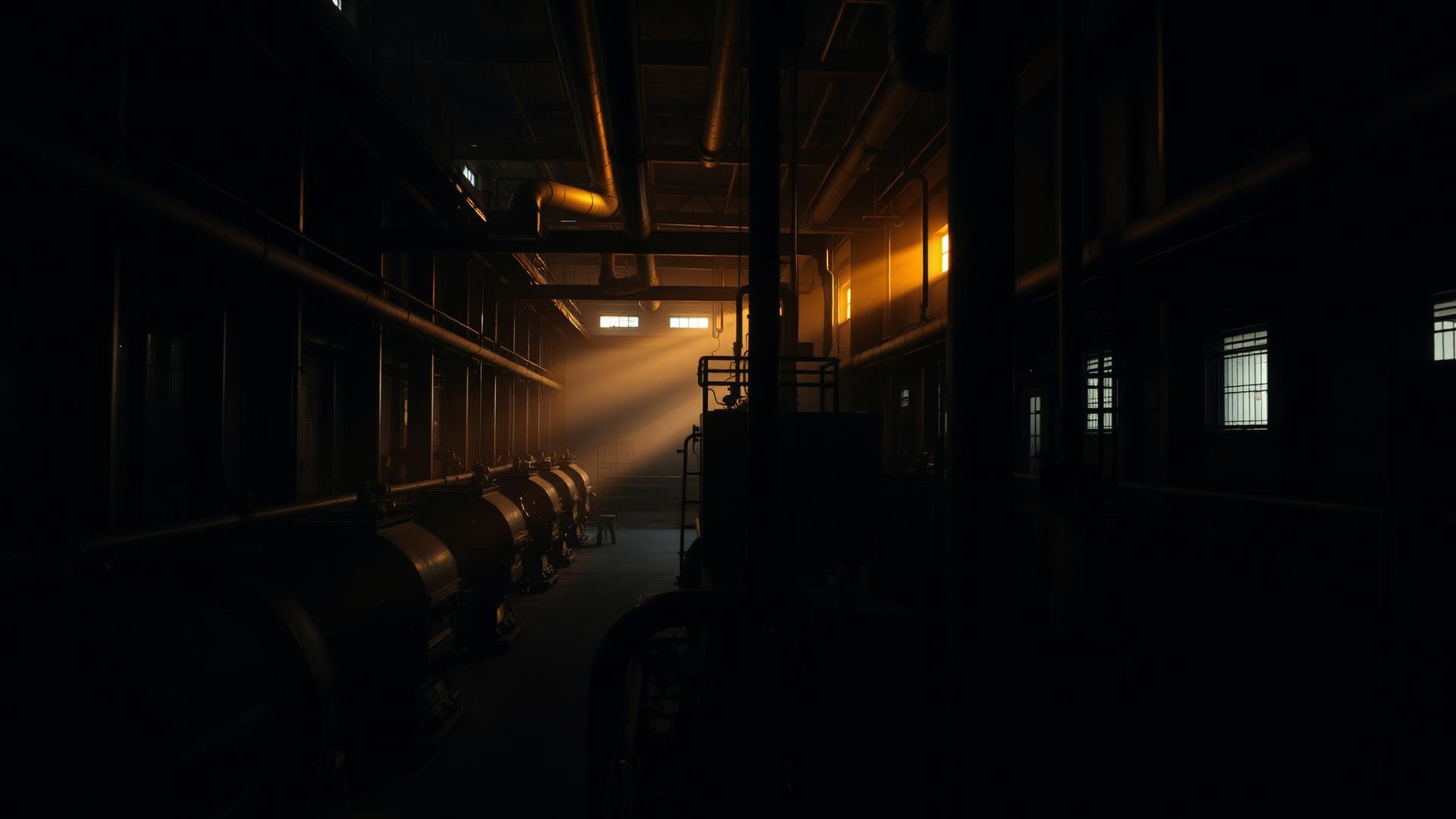 Industriële productiehal in de avond
